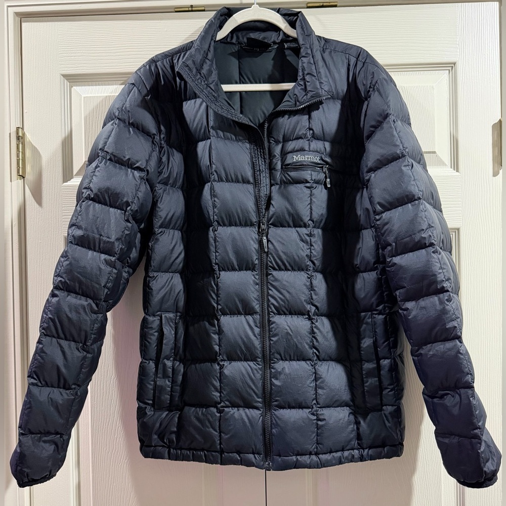Marmot Men's Sz XL Black 600 Fill Bubble/Puffer Jacket - Patched Hole In Arm